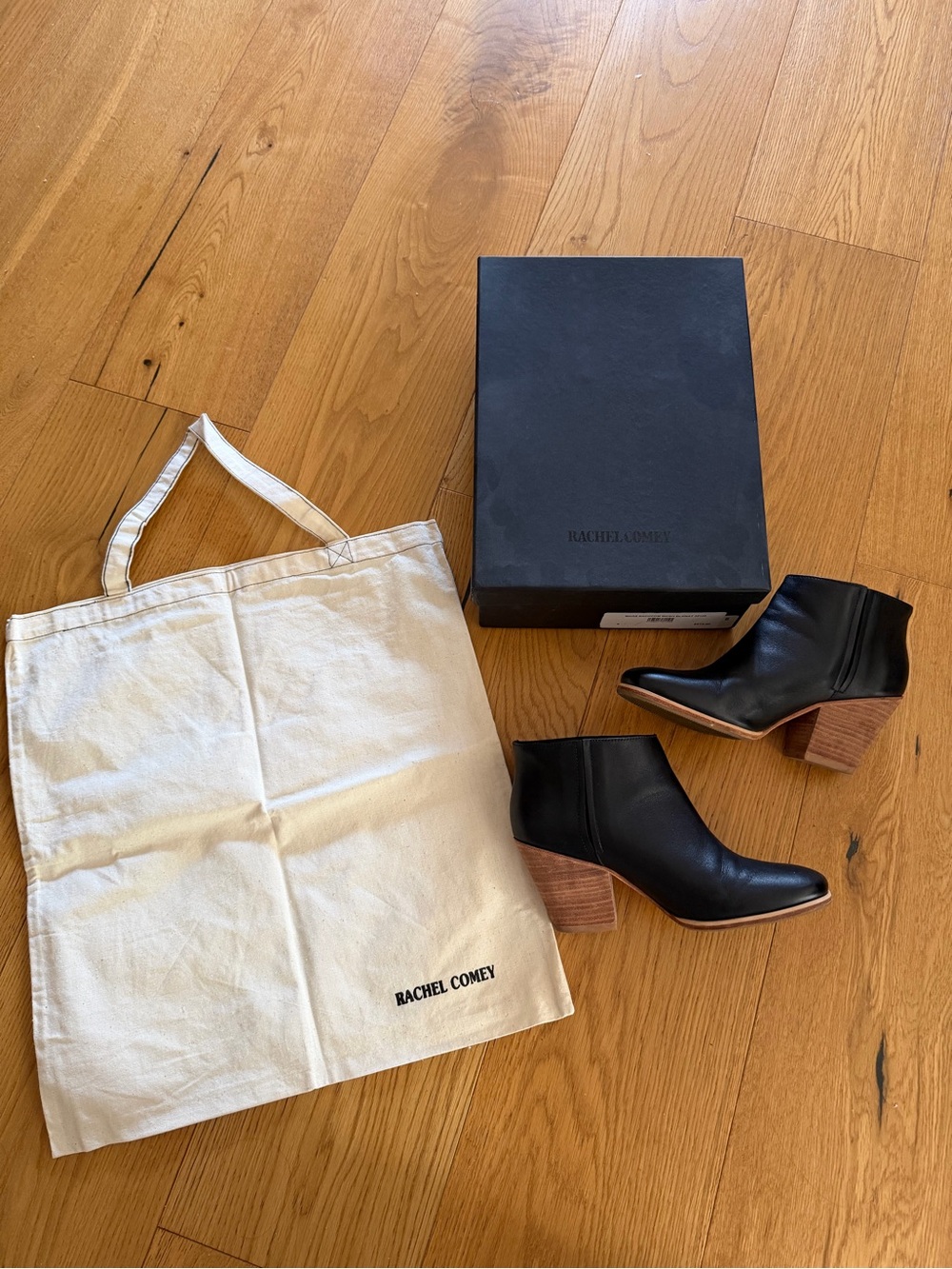 Rachel Comey Black Leather Ankle Booties with Stacked Wood Heel